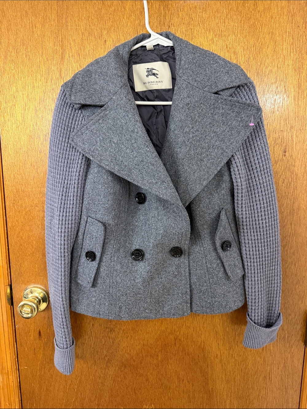 Burberry Gray Double-Breasted Pea Coat with Knit Sleeves